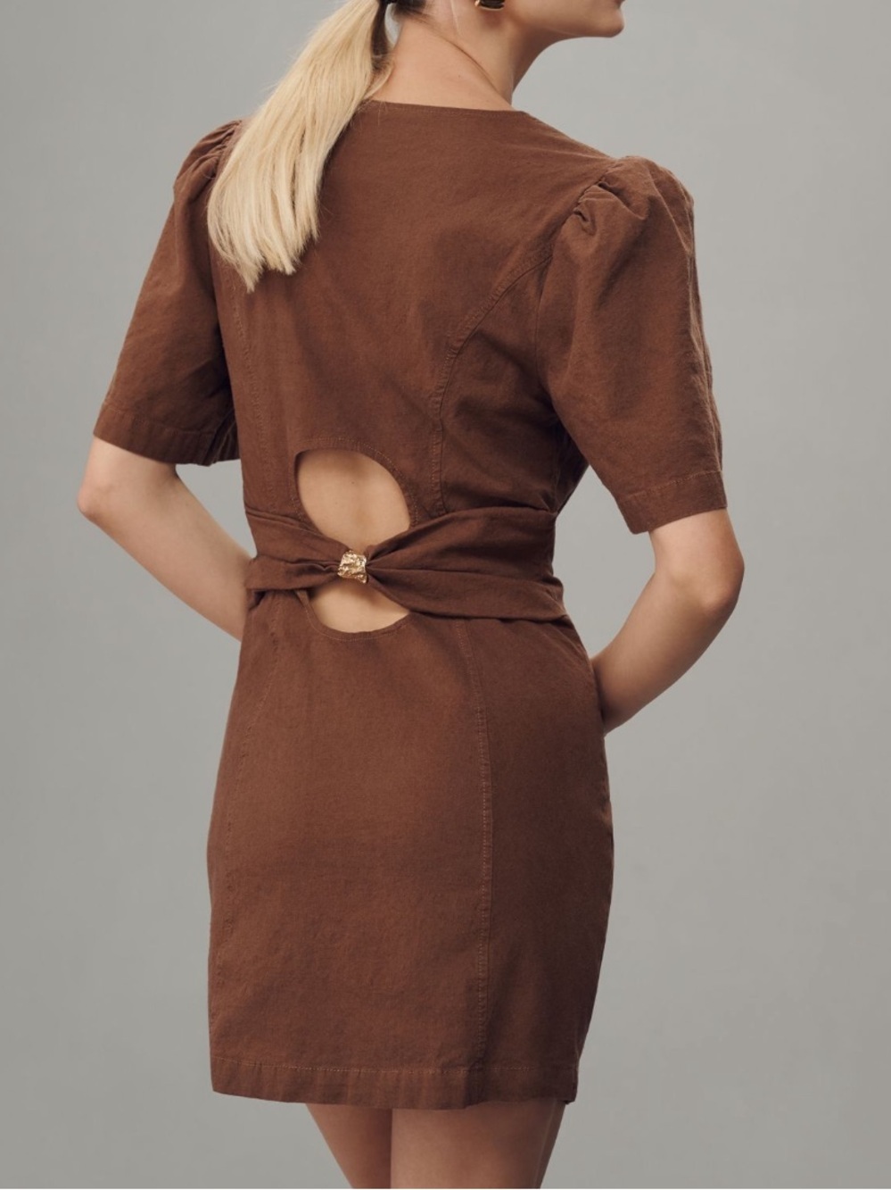 Maeve Puff-Sleeve Back-Cutout Mini Dress Brown NEW Anthropologie anthro chic